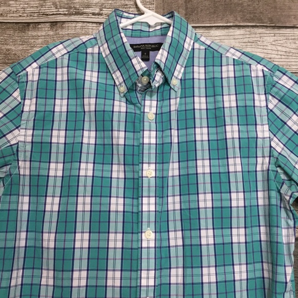 Banana Republic Soft Wash Plaid Button Shirt Men’s S Teal White 100% Cotton - Picture 6 of 9